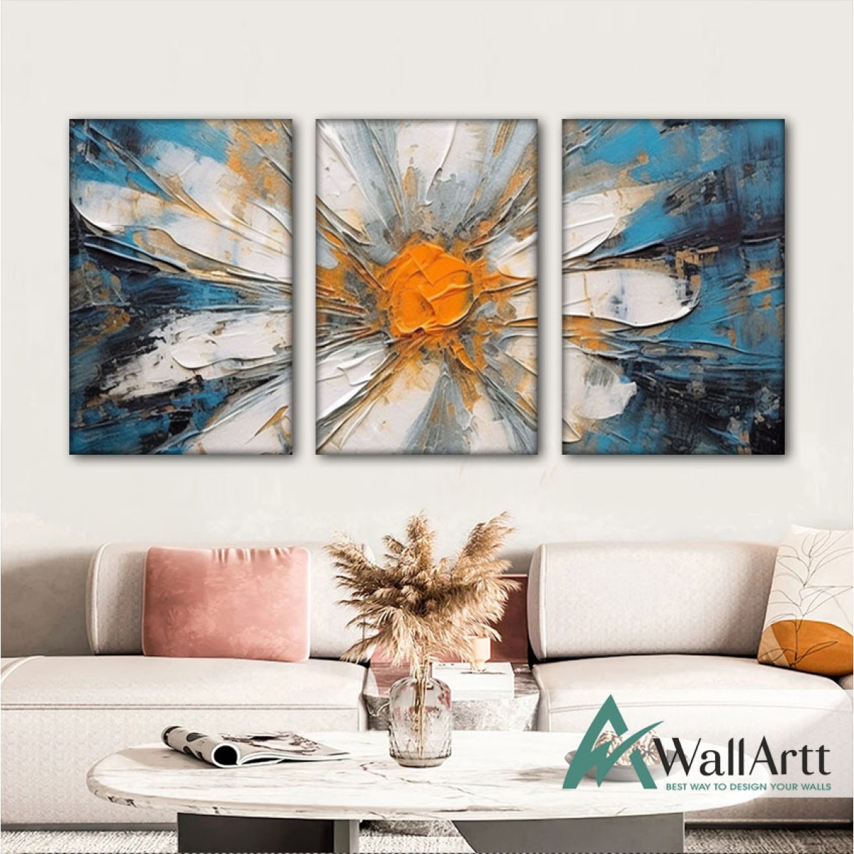 White Orange Daisy 3 Piece 3d Heavy Textured Partial Oil Painting